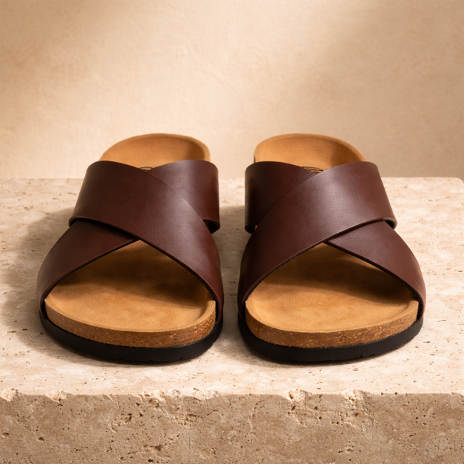 FJØRNA men's red cushioned sandals with open toe and adjustable straps, designed for comfort and casual wear.