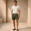 FJØRNA men's corduroy shorts with drawstring waist, casual pants featuring a textured fabric and relaxed fit.