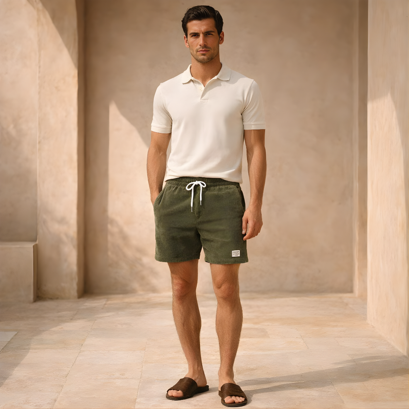 FJØRNA men's corduroy shorts with drawstring waist, casual pants featuring a textured fabric and relaxed fit.