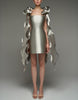 Silver satin cocktail dress for women with square neckline, bodycon fit, and cape-style straps by FJØRNA.