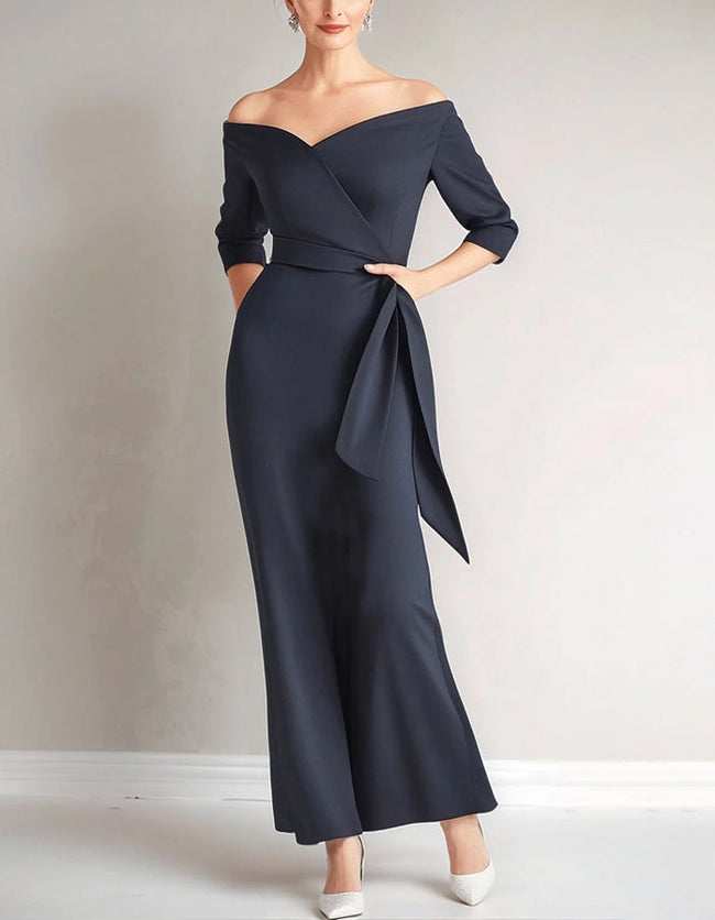Red off-shoulder mermaid midi dress for women, featuring a two-piece set by FJØRNA, shown on model.