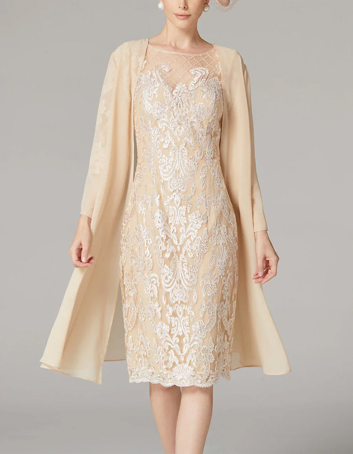 FJØRNA apricot chiffon mini dress for women with long sleeves, bodycon fit, and embroidered details.