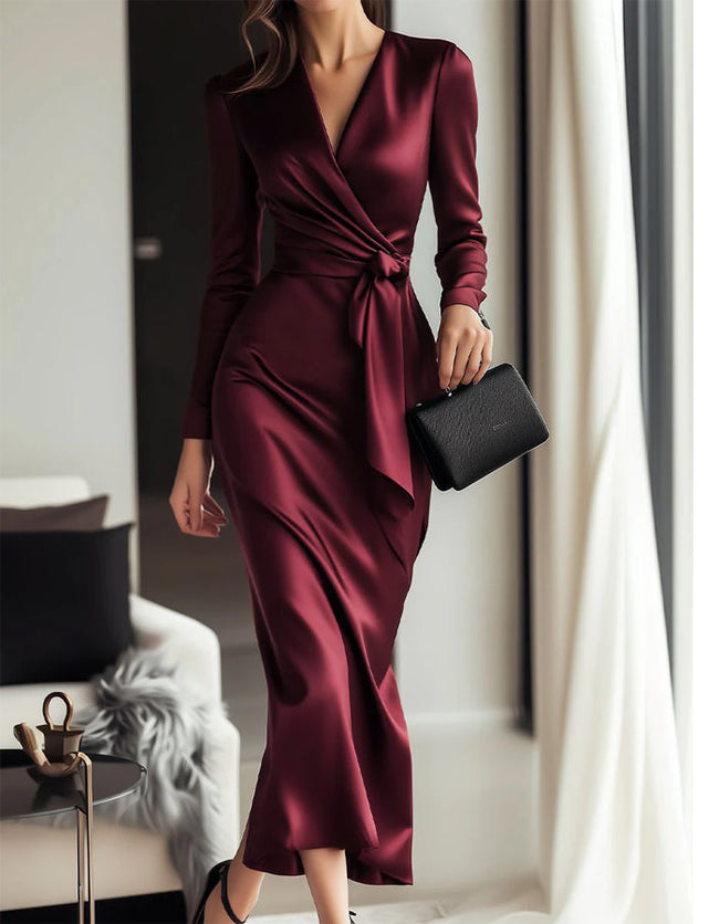 FJØRNA burgundy satin midi dress for women with V-neck, long sleeves, and mermaid silhouette, perfect for elegant occasions.