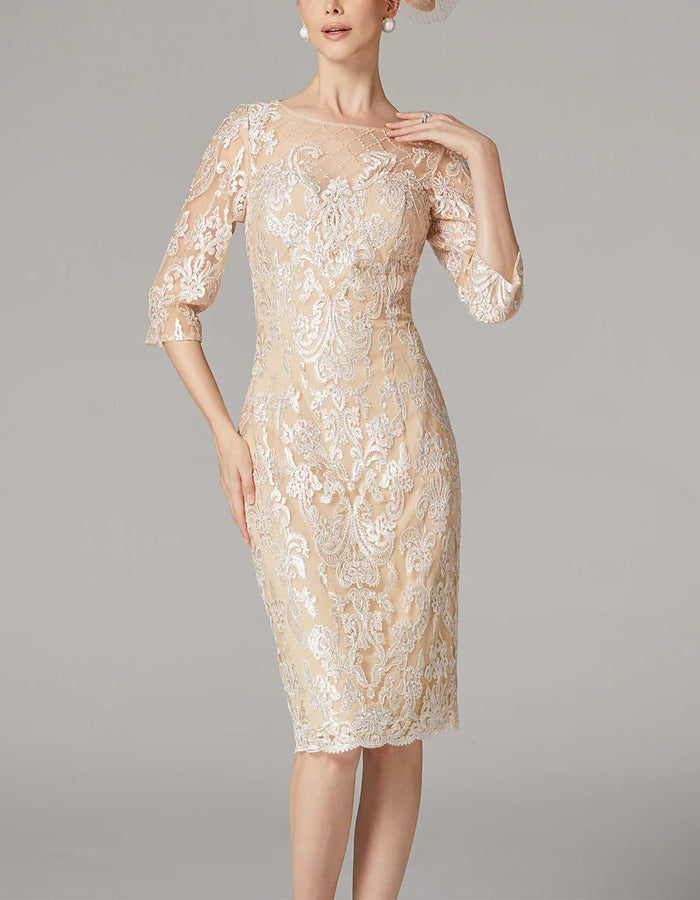 FJØRNA apricot chiffon mini dress for women with long sleeves, bodycon fit, embroidered details, perfect for elegant occasions