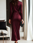 Burgundy satin midi dress for women by FJØRNA with V-neck, long sleeves, and mermaid silhouette, elegant evening wear.