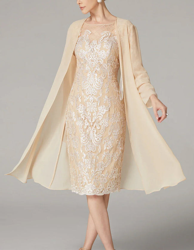 FJØRNA apricot chiffon mini dress for women with long sleeves and embroidered details, bodycon fit, stylish and elegant.