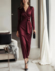 FJØRNA Burgundy satin midi dress for women with V-neck, mermaid silhouette, long sleeves, elegant evening style