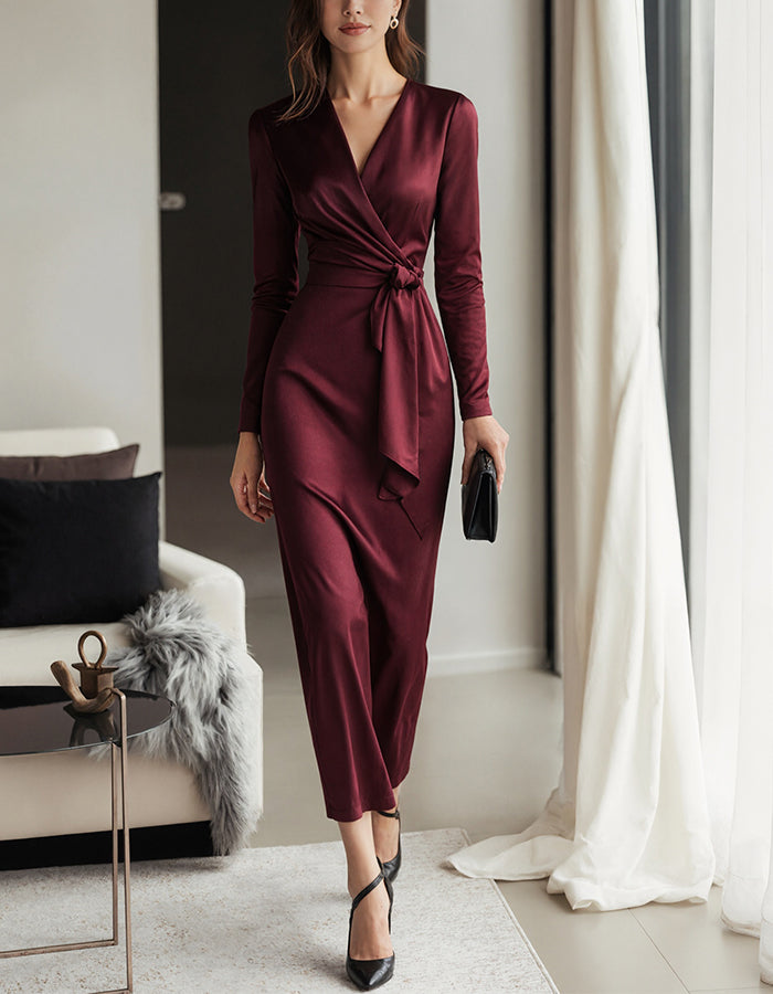FJØRNA Burgundy satin midi dress for women with V-neck, mermaid silhouette, long sleeves, elegant evening style