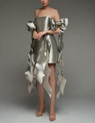 Silver satin cocktail dress for women by FJØRNA featuring a square neckline, bodycon fit, and cape-style straps.