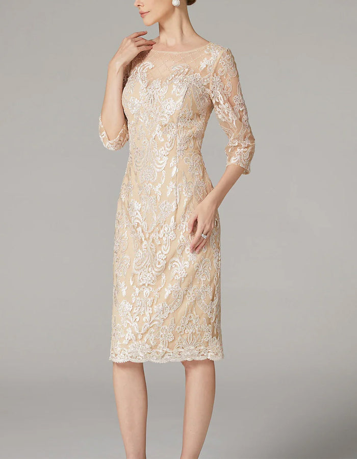 FJØRNA apricot chiffon mini dress for women with long sleeves and embroidered details, bodycon fit, perfect for stylish occasions