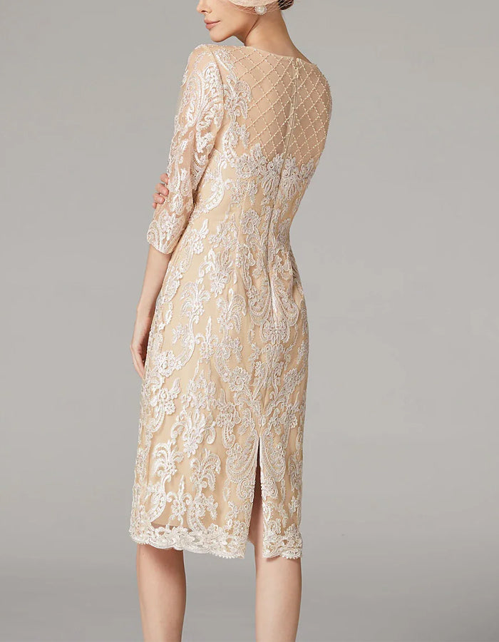 FJØRNA apricot chiffon mini dress for women, bodycon style with embroidered details and long sleeves, elegant and stylish.