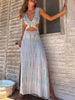 FJØRNA women's tie-dye print maxi dress with hollow slit design, perfect for summer, flowing and vibrant.