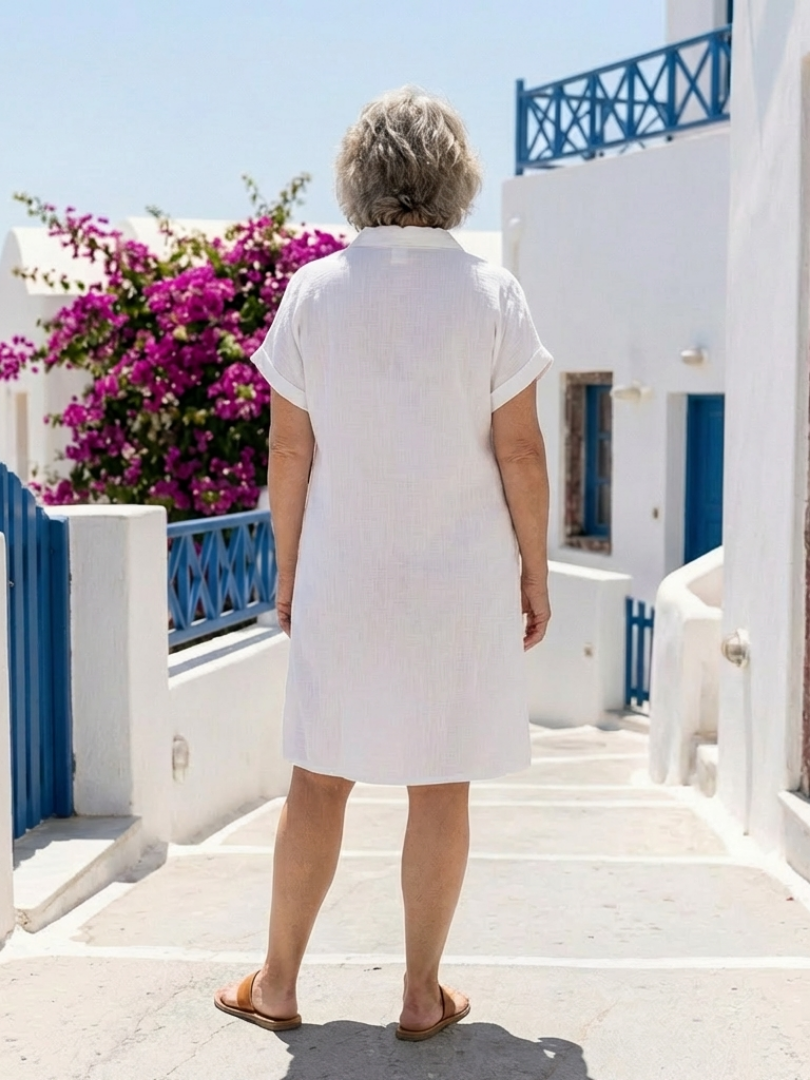 FJØRNA women's short sleeve summer dress with pockets, flowy and lightweight for warm weather, casual stylish women's clothing.