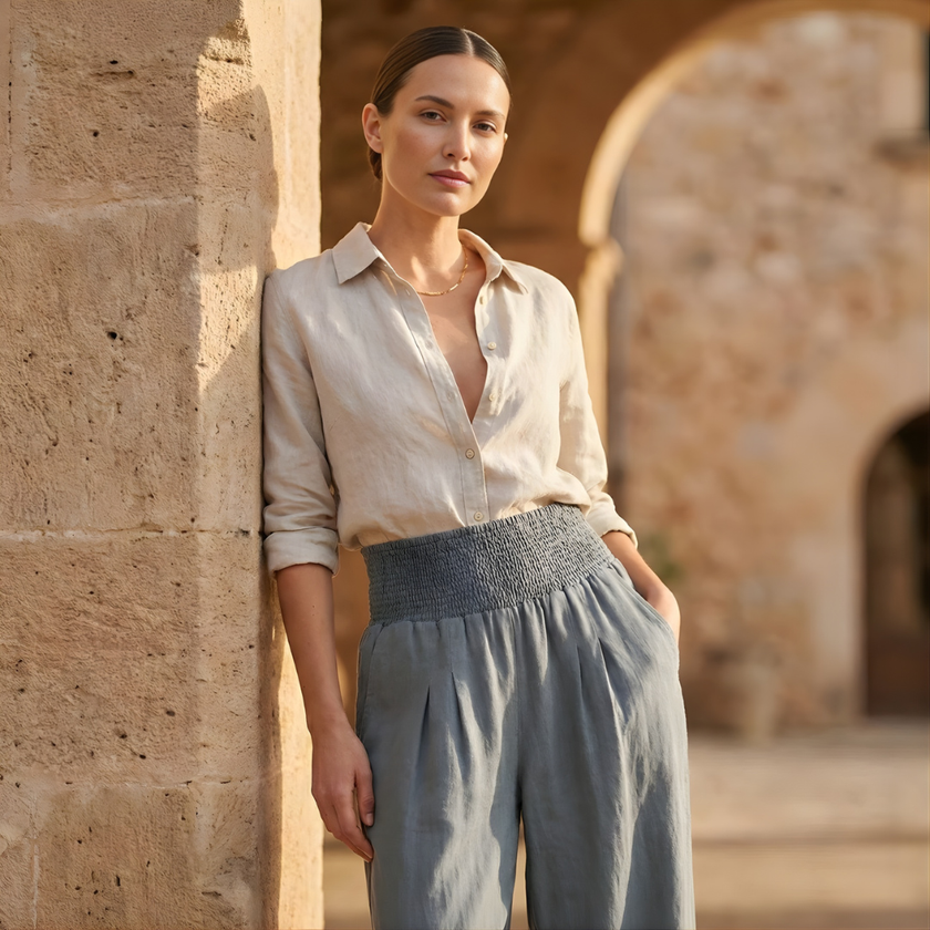 FJØRNA women's wide leg high waist elastic trousers, soft fabric, relaxed fit, and stylish for casual or office wear.