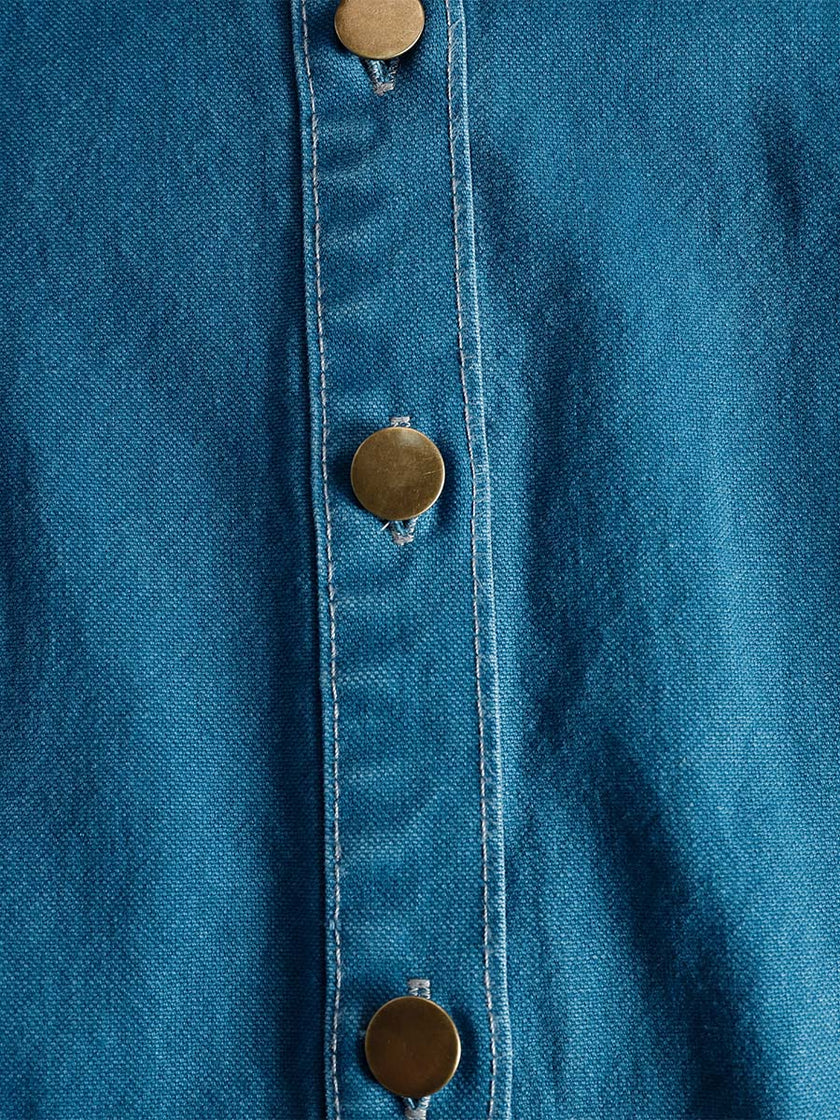 Blue denim V-neck short-sleeved organza maxi dress for women by FJØRNA, featuring a flowy, elegant design.