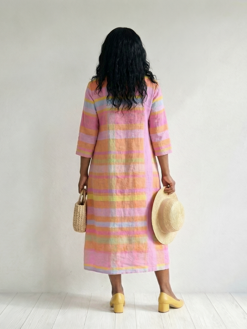 FJØRNA women's summer midi dress with striped pattern, long sleeves, flowy lightweight fabric, perfect for warm weather.