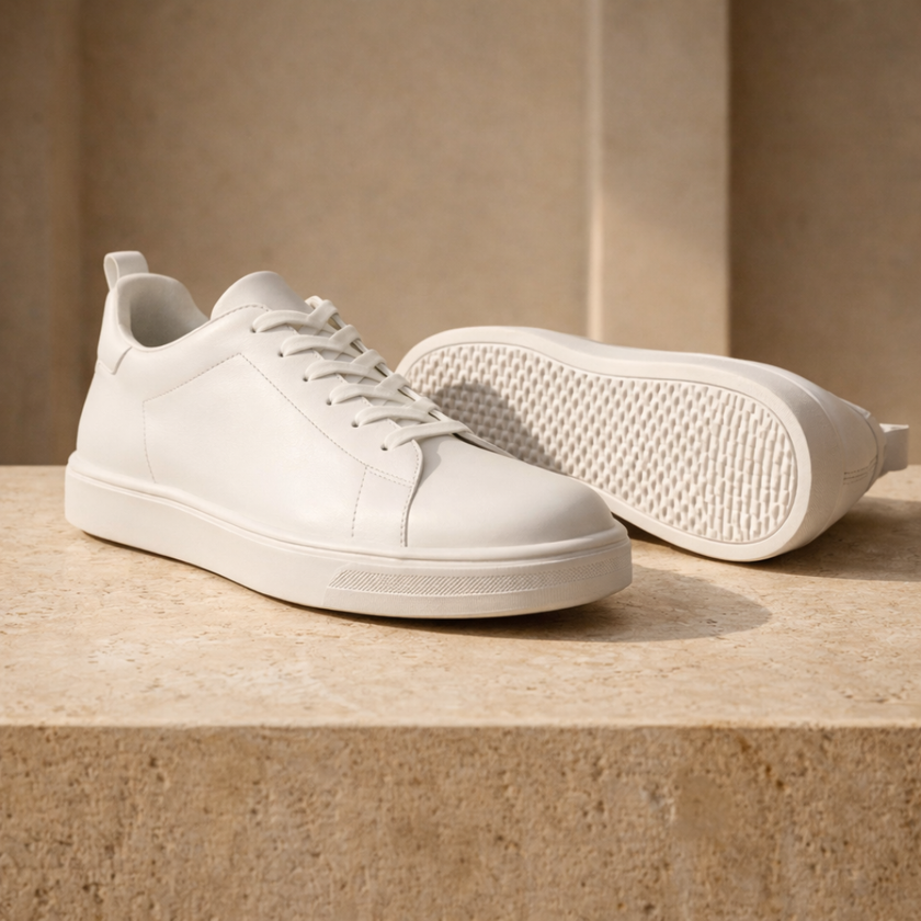 FJØRNA men's breathable leather trainers, casual shoes with white soles and black leather upper, suitable for everyday wear.