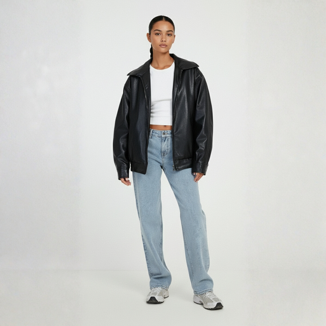 Womens Oversized Leather Bomber Jacket with Zipper Front – Casual Street Style, Relaxed Fit, Elastic Hem, Perfect for Layering