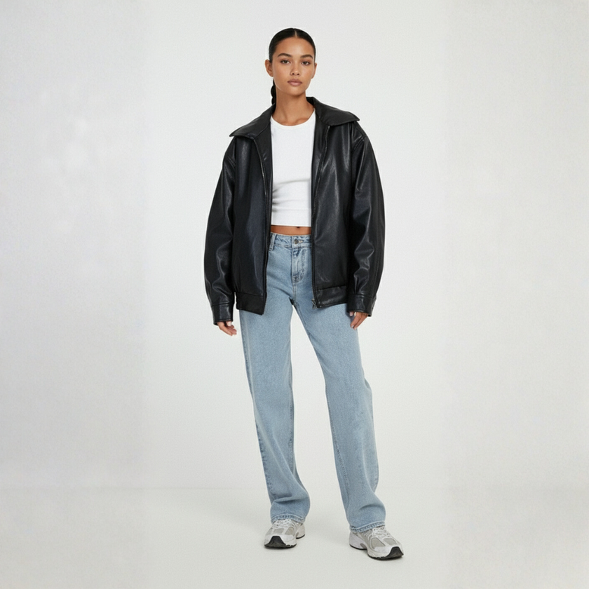 Womens Oversized Leather Bomber Jacket with Zipper Front – Casual Street Style, Relaxed Fit, Elastic Hem, Perfect for Layering