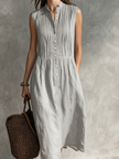 Women's grey cotton-linen sleeveless midi dress by FJØRNA with round neckline, casual style, and relaxed fit.