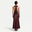 FJØRNA women's satin halter maxi dress with open back and cowl neck, elegant formal evening gown with flowing silhouette.