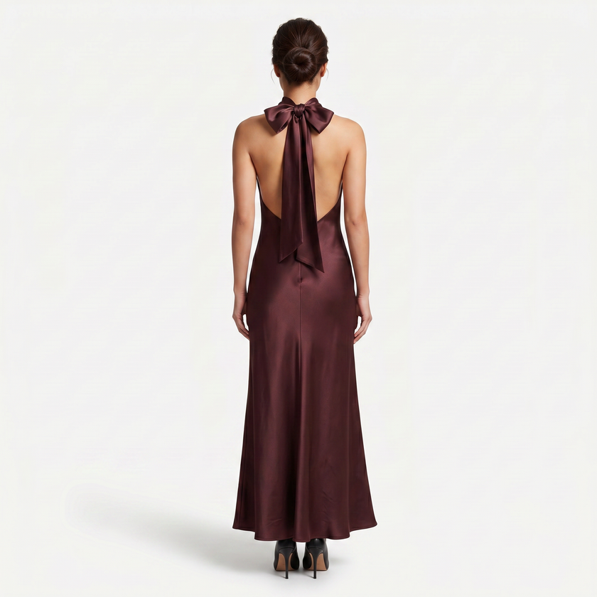 FJØRNA women's satin halter maxi dress with open back and cowl neck, elegant formal evening gown with flowing silhouette.