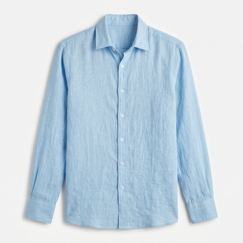 FJØRNA men's long sleeve linen button-down shirt in light beige, displayed on a hanger, casual and breathable men's shirt style.