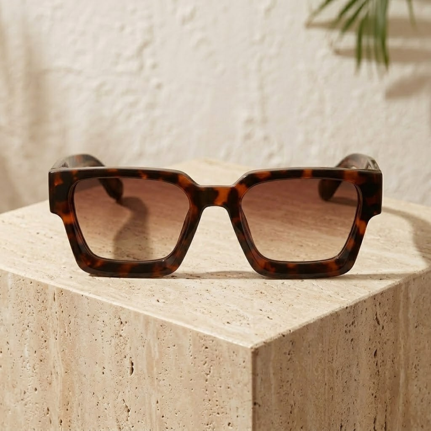 FJØRNA vintage rectangular unisex sunglasses with dark tinted lenses and black frames, accessory for women.