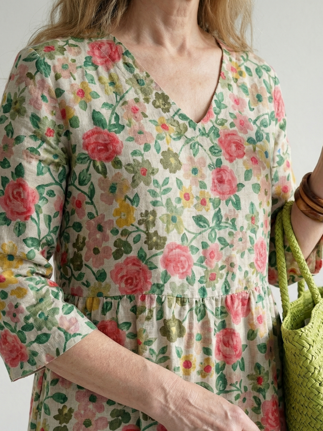 FJØRNA women's floral summer midi dress with long sleeves, wrap style, and relaxed fit in a stylish floral pattern.