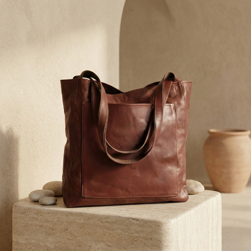 FJØRNA women's leather tote bag with anti-theft features, stylish travel bag with secure compartments and durable leather finish.