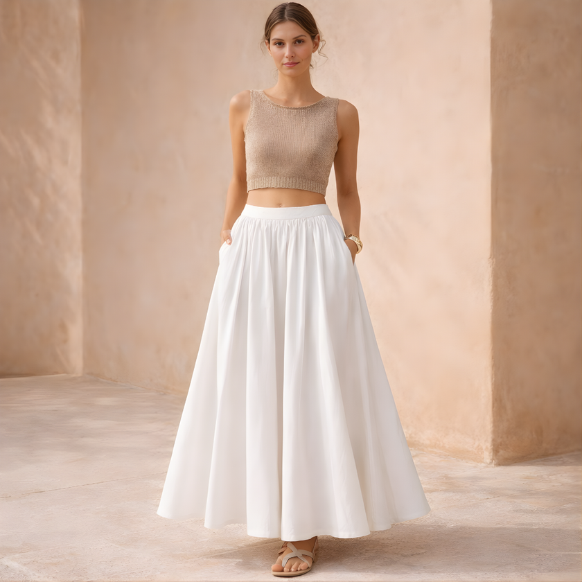 FJØRNA high waist maxi skirt for women, flowing and elegant, styled as pants with a comfortable fit and stylish design.