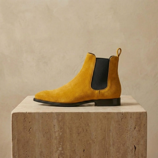Tan suede Chelsea boots for men by FJØRNA, stylish slip-on shoes with elastic side panels and classic design.