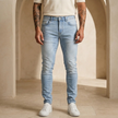 Men's tailored denim jeans by FJØRNA, stylish blue pants with classic five-pocket design and modern fit.