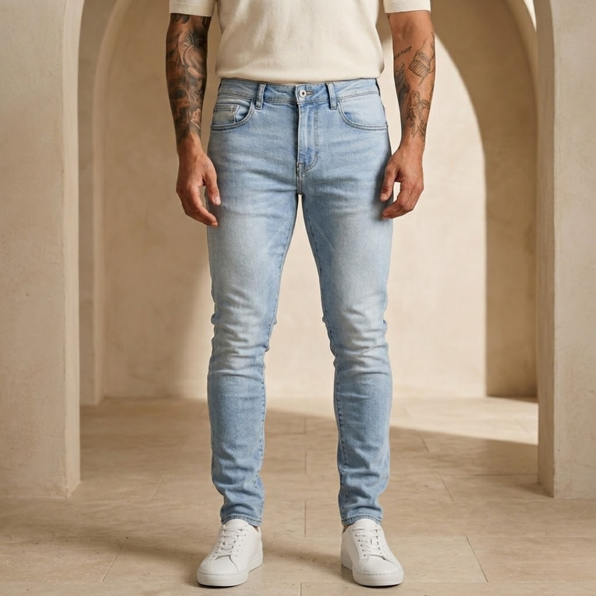 Men's tailored denim jeans by FJØRNA, stylish blue pants with classic five-pocket design and modern fit.