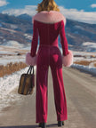 Rose red velvet faux fur collar flared jumpsuit by FJØRNA, featuring a stylish jumpsuit with a faux fur collar and flared legs.