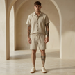 Men’s linen blend shirt and shorts co-ord set by FJØRNA, lightweight summer men's casual matching outfit with relaxed fit.