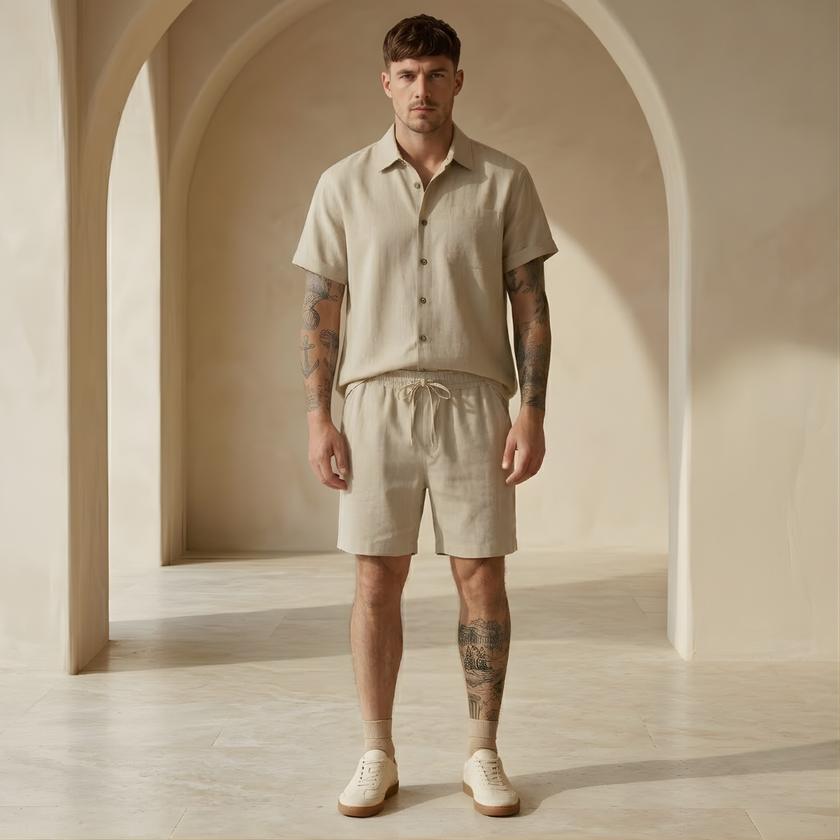Men’s linen blend shirt and shorts co-ord set by FJØRNA, lightweight summer men's casual matching outfit with relaxed fit.