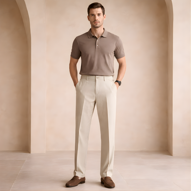 FJØRNA men's straight leg trousers with elastic waist, casual pants in neutral fabric, suitable for everyday wear.