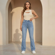 Women’s high waist bootcut jeans by FJØRNA, slim fit pants with a classic denim look and tailored fit for a stylish silhouette.