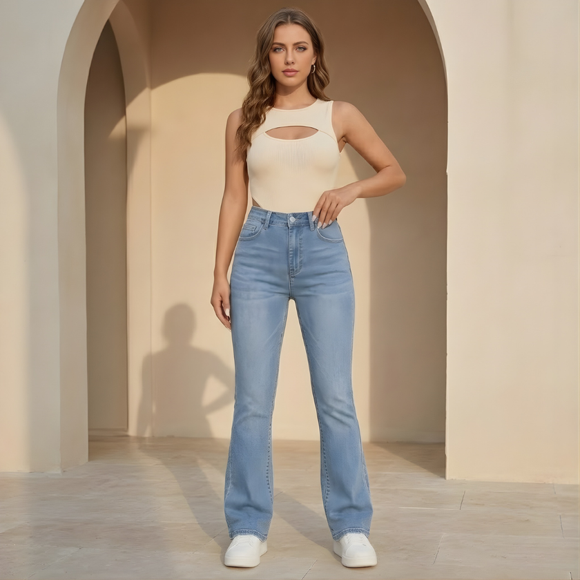 Women’s high waist bootcut jeans by FJØRNA, slim fit pants with a classic denim look and tailored fit for a stylish silhouette.