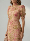 FJØRNA women's summer maxi dress with high neck and short sleeves, flowing fabric, and elegant design for warm weather.