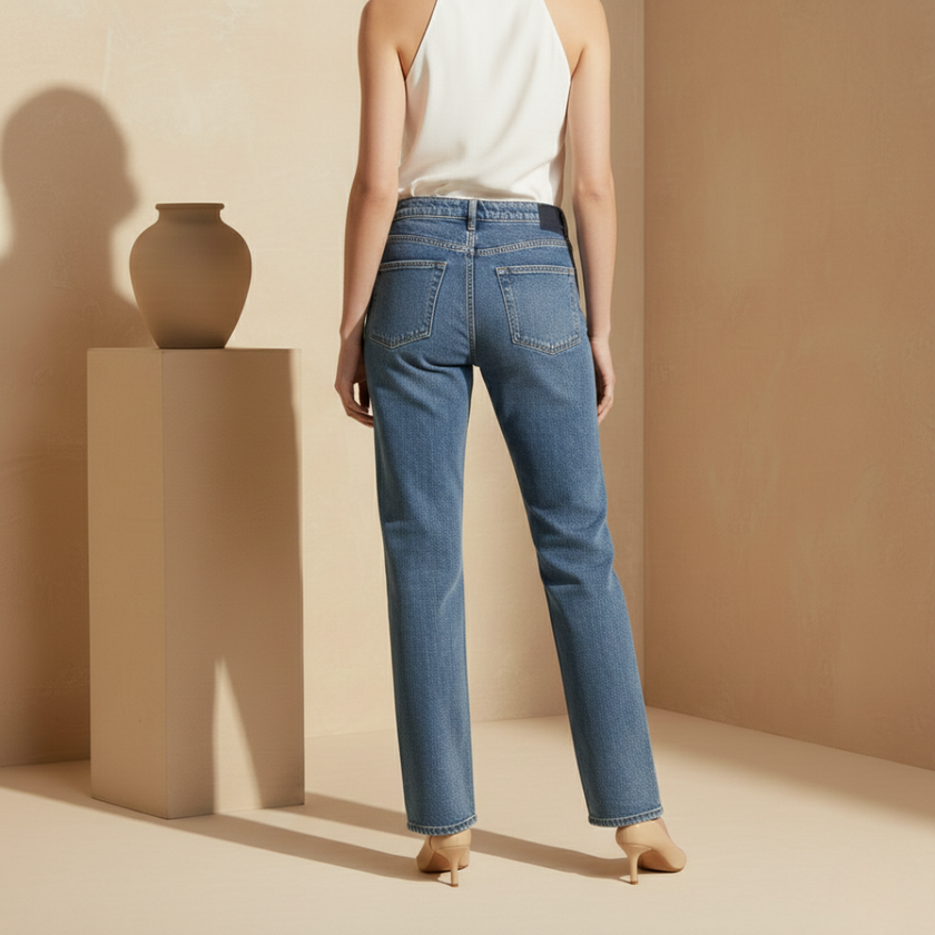 FJØRNA women's relaxed fit baggy denim jeans, showcasing classic blue denim pants with a relaxed, comfortable style.