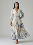 FJØRNA women's summer midi dress with floral pattern, V-neck, long sleeves, perfect for warm weather and casual occasions.