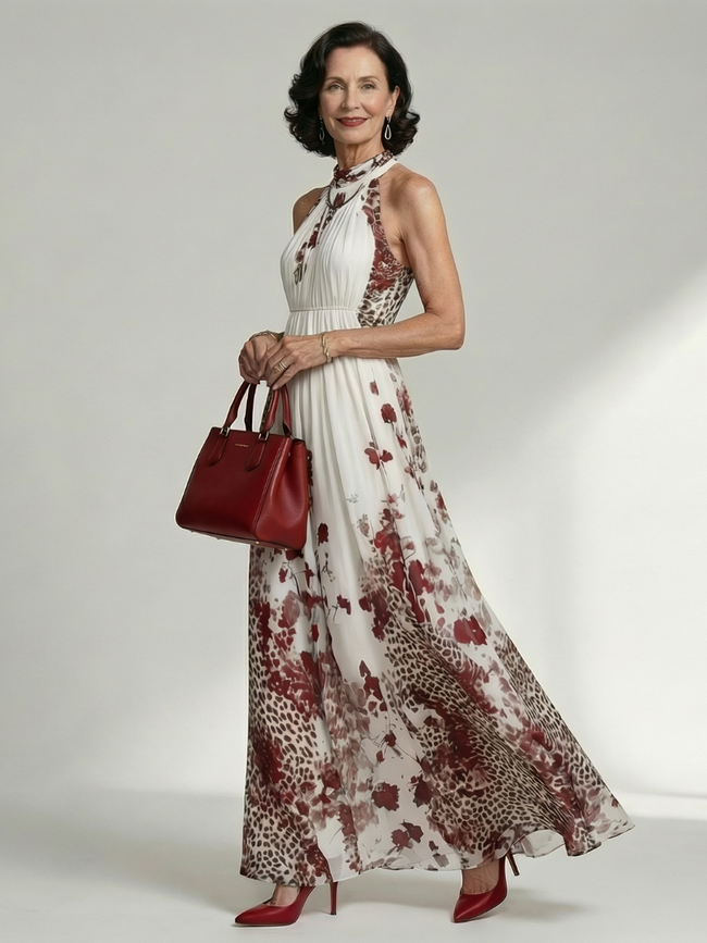 FJØRNA women's floral summer maxi dress with V-neck and long sleeves, lightweight and flowy for warm weather wear.