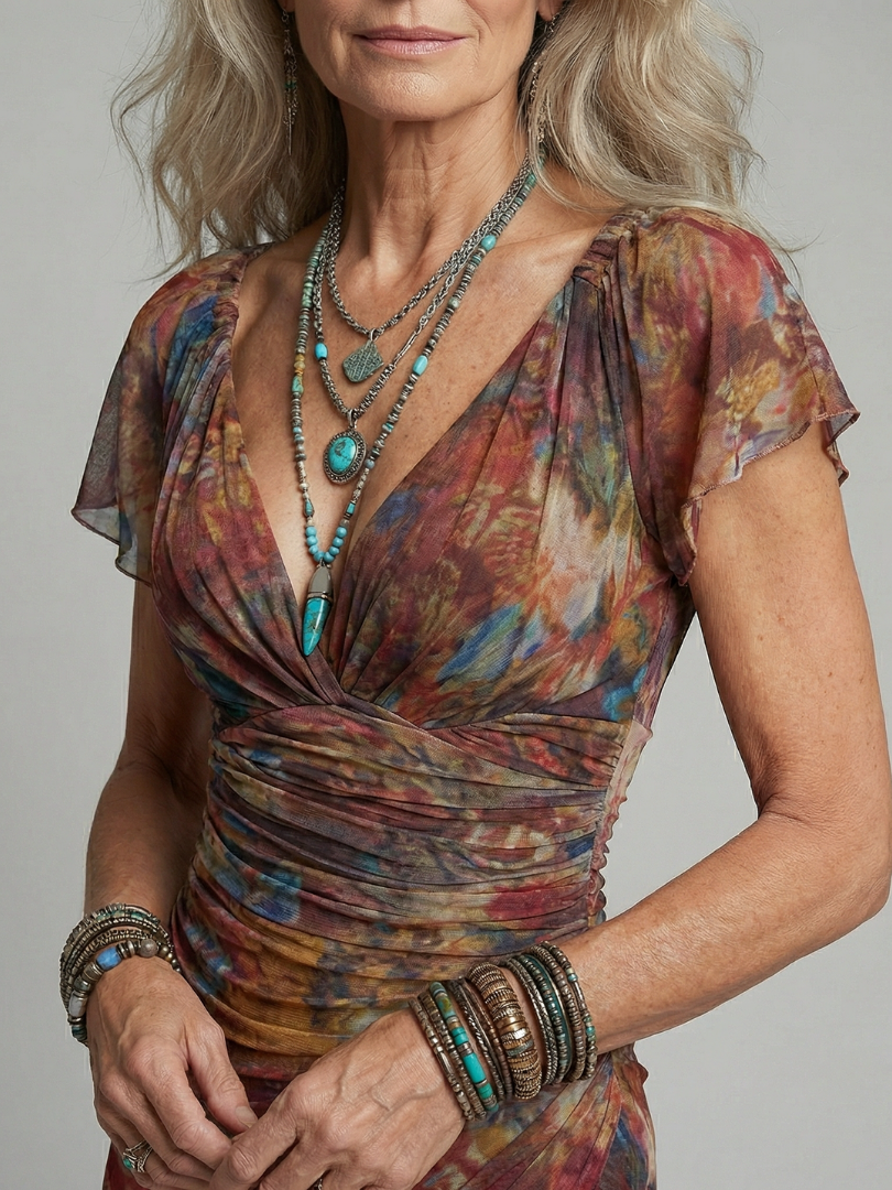 FJØRNA women's summer midi dress with short sleeves and ruched details, stylish and comfortable for warm weather.
