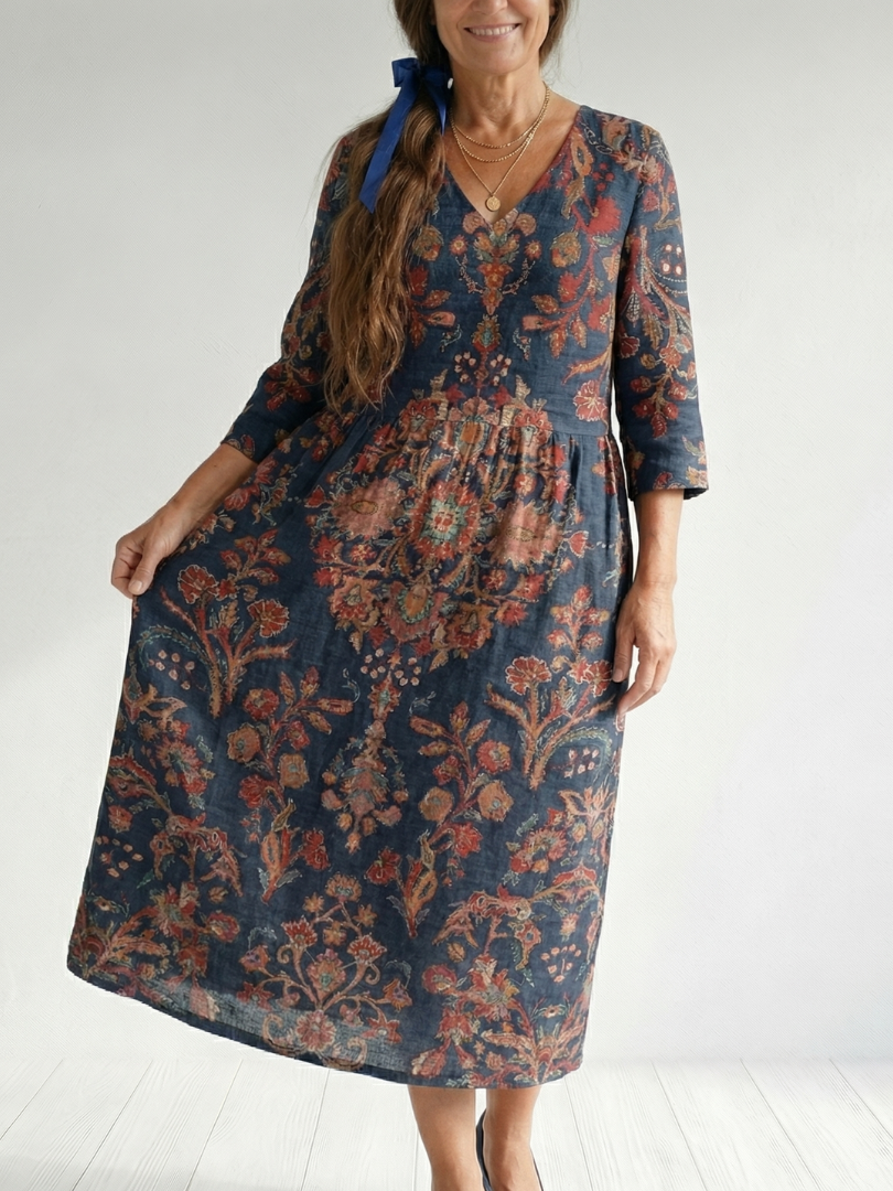 Flowy FJØRNA women's summer midi dress with long sleeves, wrap design, lightweight fabric, and elegant silhouette.