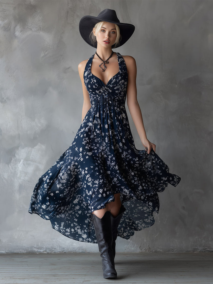 Navy Blue Chiffon Floral Maxi Dress For Women