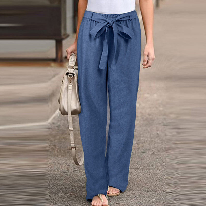 FJØRNA Jane women's wide-leg casual pants with high waist and drawstring, shown in a relaxed fit style.