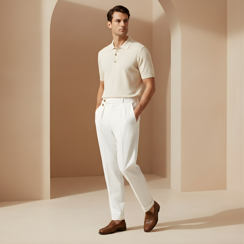FJØRNA men's high waist straight leg trousers, tailored pants with a sleek fit and classic design, shown in a neutral color.