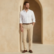 FJØRNA men's linen straight leg trousers with pleats, lightweight and stylish pants for casual or formal wear.